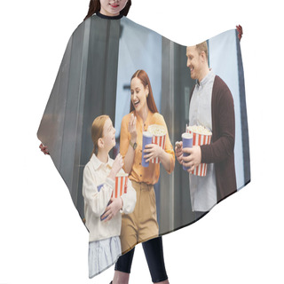 Personality  A Man, Woman, And Child Stand Together In An Elevator, Smiling And Enjoying Their Time Together As A Happy Family. Hair Cutting Cape