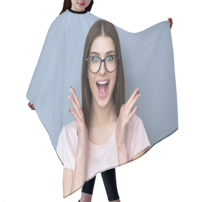 Personality  Surprised Young Woman In Glasses Hair Cutting Cape