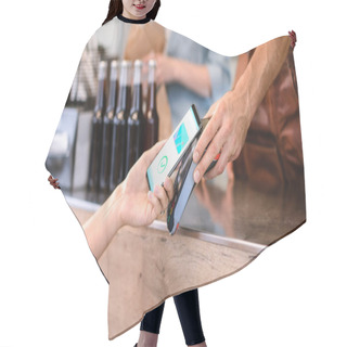 Personality  Young Woman Is Using Contactless NFC Payment App Installed On Her Smartphone To Pay For Gourme Street Food. Eco Friendly Gluten Free Food Court Selling Modern Fusion Cuisine Hair Cutting Cape