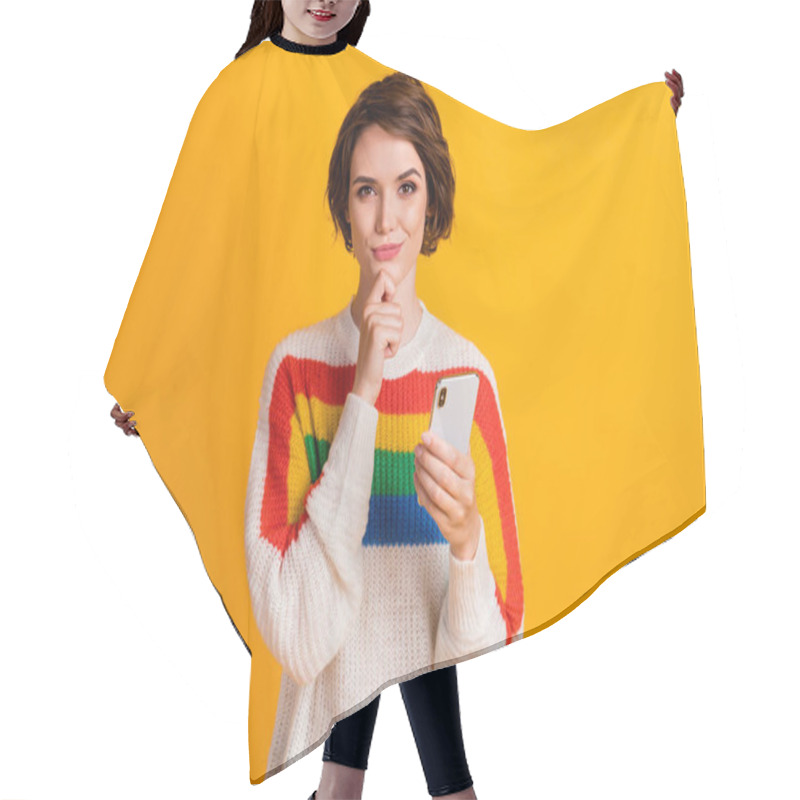 Personality  Photo Of Smart Pensive Lady Hold Smartphone Hand Chin Look Camera Wear Striped Pullover Isolated Yellow Color Background Hair Cutting Cape