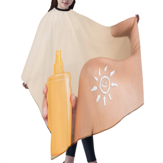 Personality  Cropped View Of Woman With Image Of Smiling Sun On Shoulder Holding Sunscreen Isolated On Beige Hair Cutting Cape
