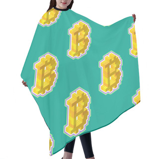Personality  Bitcoin Sign Consisting Of Yellow Blocks In Isometric View On A Green Background. Seamless Pattern. Vector Illustration. Hair Cutting Cape