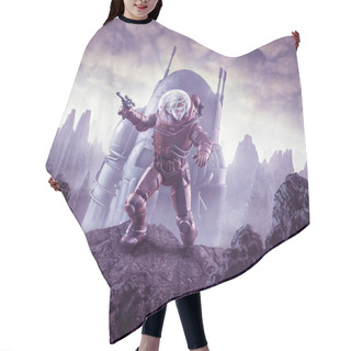 Personality  Space Cadet Astronaut Girl / 3D Illustration Of Retro Science Fiction Scene Showing Young Female Space Hero After Crash Landing On Alien World Hair Cutting Cape