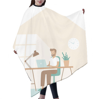 Personality  Man Work In Comfortable Conditions. Freelancer Character Working From Home Remotely. Flat Vector Concept For Coronavirus Quarantine Hair Cutting Cape