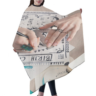Personality  Cropped View Of Fortuneteller Drawing Birth Chart With Zodiac Signs And Watercolor Paintings On Cards On Wooden Table  Hair Cutting Cape