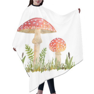 Personality  Hand Drawn Watercolor Dangerous Scary Poisonous Mushrooms Red Amanita Muscaria. Wild Fungus Fungi From Summer Forest Woodland In Green Grass Berries Keaves Natural Season Perfect For Halloween Design Hair Cutting Cape