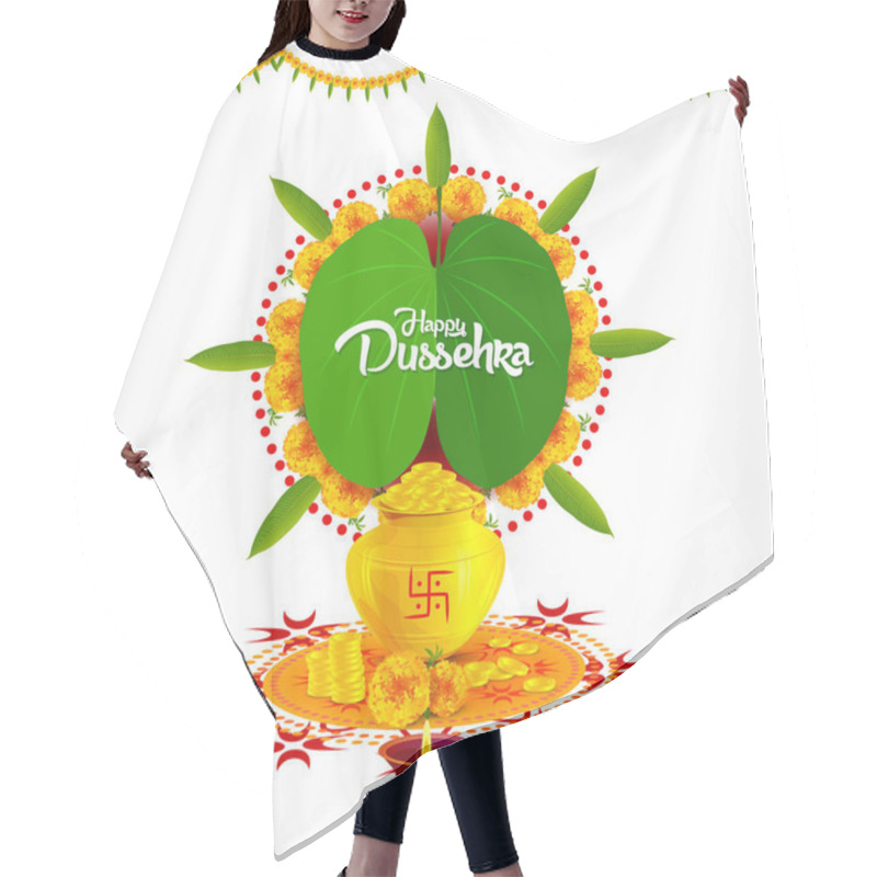 Personality  Happy Dussehra. Happy Dussehra Illustration Having Flowers, Leaves, Diya. Well Decorated On Plain Background. Hair Cutting Cape