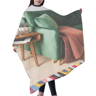 Personality  Green Sofa With Pillow And Blanket Near Wooden Coffee Table With Plant And Colorful Rug Hair Cutting Cape