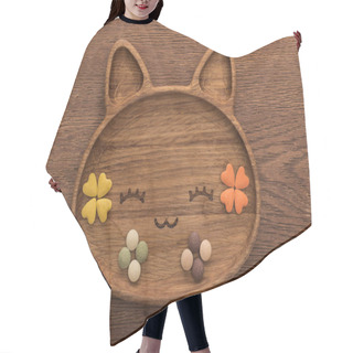 Personality  Top View Of Feline Dry Pet Food And Vitamins In Cute Cat Shape Plate On Wooden Table Hair Cutting Cape