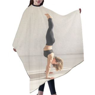 Personality  Athletic Girl With Barefoot Doing Handstand In Yoga Studio  Hair Cutting Cape