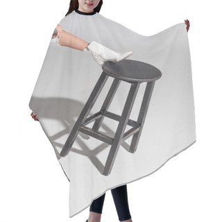 Personality  Cropped Image Of Girl In Stylish White Shoe Putting Leg On Black Chair On White Hair Cutting Cape