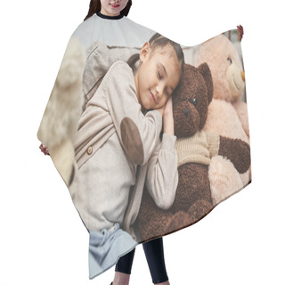 Personality  Adorable Elementary Age Girl Sleeping Among Soft Teddy Bears On Couch In Modern Living Room Hair Cutting Cape