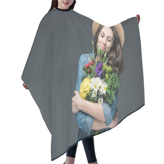 Personality  Beautiful Happy Woman With Closed Eyes Holding Flowers For 8 March, Isolated On Grey Hair Cutting Cape