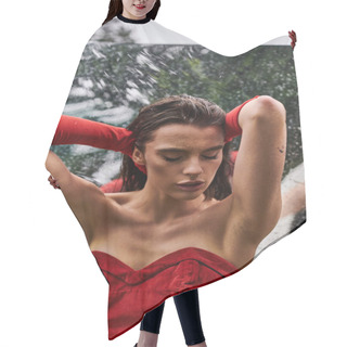 Personality  A Woman In A Striking Red Dress And Long Gloves Elegantly Stands In The Rain, Enjoying The Summer Downpour. Hair Cutting Cape
