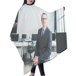 Personality  Smiling Businessman In Eyeglasses Sitting On Table In Office  Hair Cutting Cape