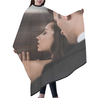 Personality  Passionate Man Hugging Attractive Sexy Woman From Back In Lift Hair Cutting Cape