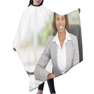 Personality  Young Afro American Businesswoman Sitting In Office Hair Cutting Cape