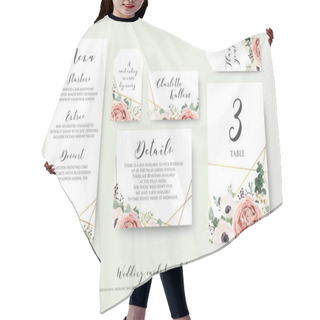 Personality  Wedding Menu, Information, Label, Table Number And Place Card Design With Elegant Lavender Pink Garden Rose, Anemone, Wax Flowers Eucalyptus Branches, Leaves & Cute Golden Pattern. Vector Template Set Hair Cutting Cape