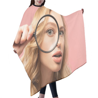 Personality  Blonde Woman Looking Throughout Magnifying Glass Isolated On Pink Hair Cutting Cape