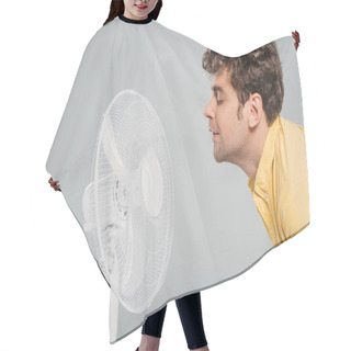 Personality  Man Enjoying Electric Fan With Closed Eyes Isolated On Grey Hair Cutting Cape