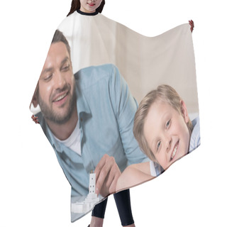 Personality  Father And Son With Domino Pieces  Hair Cutting Cape