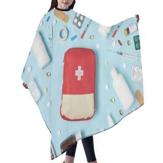 Personality  Top View Of Red First Aid Kit Bag On Blue Surface Surrounded With Different Medicines Hair Cutting Cape