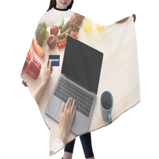 Personality  Woman Using Laptop With In Kitchen, Holding Credit Card Hair Cutting Cape