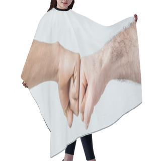 Personality  Cropped View Of Men Doing Fist Bump Isolated On Grey, Panoramic Shot Hair Cutting Cape