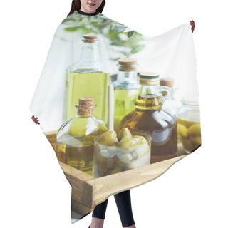 Personality  Glass With Spoon And Olives, Jar, Various Bottles Of Aromatic Olive Oil With And Branches On Wooden Tray Hair Cutting Cape