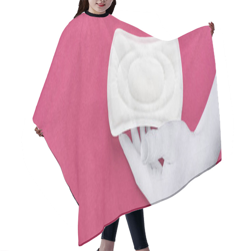 Personality  Top View Of Paper Cut White Hand And White Sanitary Napkin On Purple Background, Panoramic Shot Hair Cutting Cape