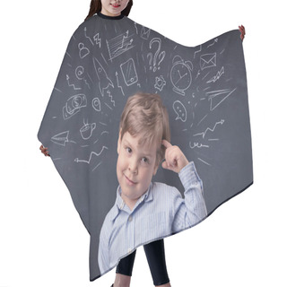 Personality  Little Boy In Front Of A Drawn Up Blackboard Hair Cutting Cape
