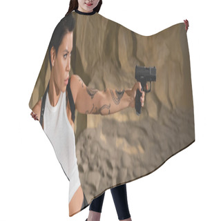 Personality  Tattooed Archaeologist In White Crop Top Holding Handgun In Outstretched Hand, Banner Hair Cutting Cape