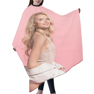 Personality  Happy Sexy Beautiful Blonde Woman In Bodysuit Isolated On Pink Hair Cutting Cape