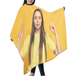 Personality  Attractive Woman Showing Letters From Sign Language On Yellow Background Hair Cutting Cape