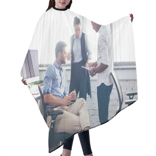 Personality  Multiethnic Colleagues Discussing In Office Hair Cutting Cape