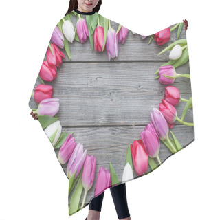 Personality  Frame Of Fresh Tulips Arranged On Old Wooden Background Hair Cutting Cape