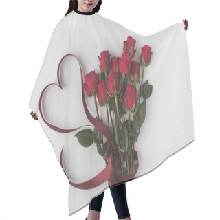 Personality  Top View Of Beautiful Red Roses With Ribbon Isolated On White, St Valentines Day Concept Hair Cutting Cape