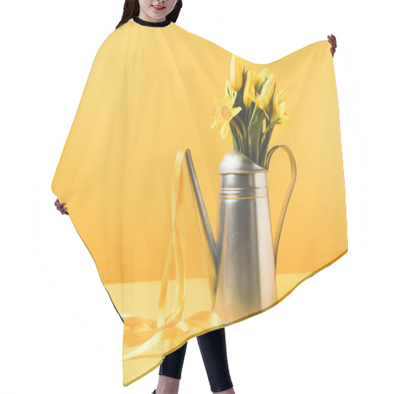 Personality  Beautiful Yellow Spring Flowers In Watering Can With Ribbon On Yellow  Hair Cutting Cape