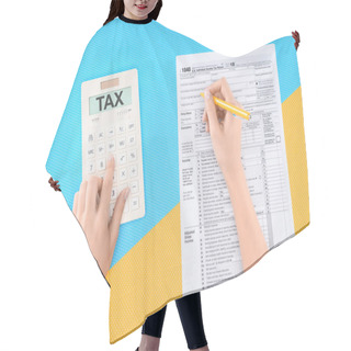 Personality  Cropped View Of Woman Using Calculator With Word 'tax' And Filling Tax Form On Blue And Yellow Background Hair Cutting Cape