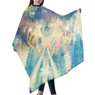Personality  Mystical Abstract Painting, Vivid Colors  With Hands Holding Large Eye, Figures Draped In Cloth And A Tear In The Image With Curling Edges Hair Cutting Cape