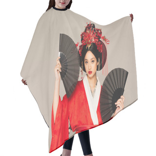 Personality  Asian Woman In Kimono Holding Black Fans Isolated On Grey  Hair Cutting Cape