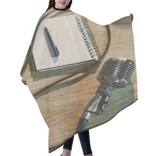Personality  Top View Of Wired Retro Microphone Lying On Wooden Table With Blank Notebook Hair Cutting Cape