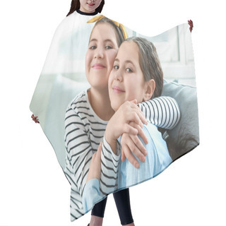Personality  Portrait Of Cute Twin Girls At Home Hair Cutting Cape
