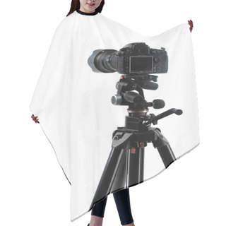 Personality  Photo Camera On Tripod Isolated On White Hair Cutting Cape