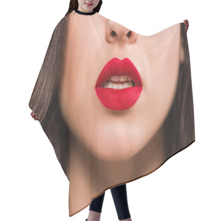 Personality  Cropped View Of Young Woman With Red Lips  Hair Cutting Cape