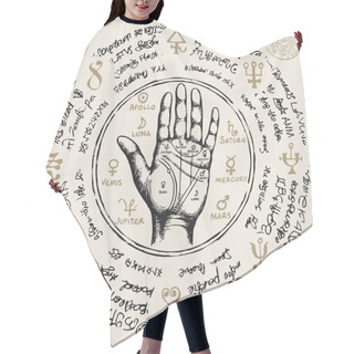 Personality  Vector Illustration With Chiromancy Hand, Ancient Hieroglyphs, Medieval Runes, Spiritual Symbols. Palmistry Map On Open Palm With Signs Of The Planets. Divination And Prediction Of The Future Hair Cutting Cape