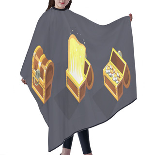 Personality  Treasure Chest, Open And Closed Antique Boxes With Coins, Game User Interface Element For Video Computer Games Vector Illustration Hair Cutting Cape