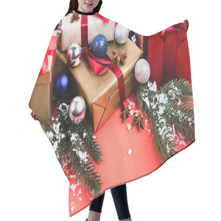 Personality  Gifts With Baubles, Anise Stars, Pine Branches And Artificial Snow On Red Background Hair Cutting Cape