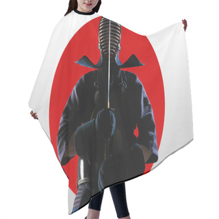 Personality  Male In Tradition Kendo Armor With Samurai Sword Katana On Red Moon And White Background. (unrecognizable Person, Dark Mask) Shot In Studio. Isolated With Clipping Path. Hair Cutting Cape