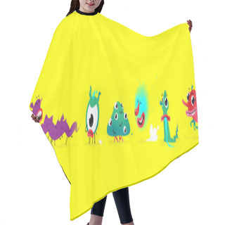 Personality  Illustrations Of Cute, Pretty Monster Characters. Vector. Mascot For Companies. Abstract Creature. Characters Isolated On A Yellow Background. Baby Cartoon Pets Or Mutants. Freaks. Hair Cutting Cape